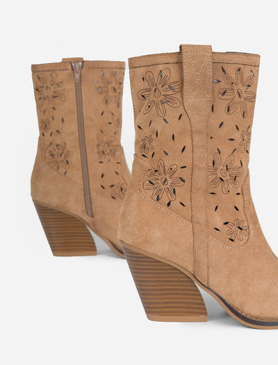 Botín Cowboy Flores Camel - MMShoes