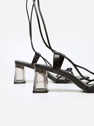 Sandalia Tiras Tacón Transparente Negro