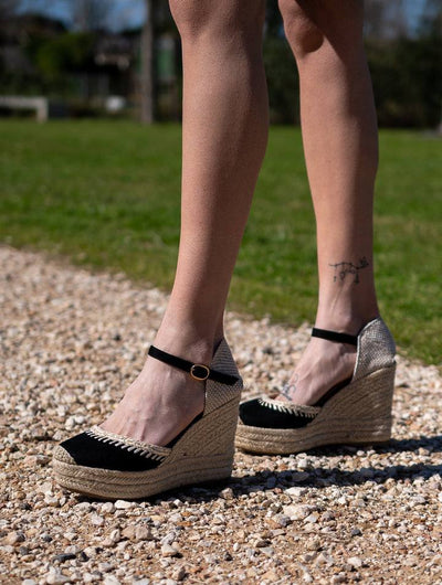 Alpargata Cuña Ante y Rafia Negro - MMShoes